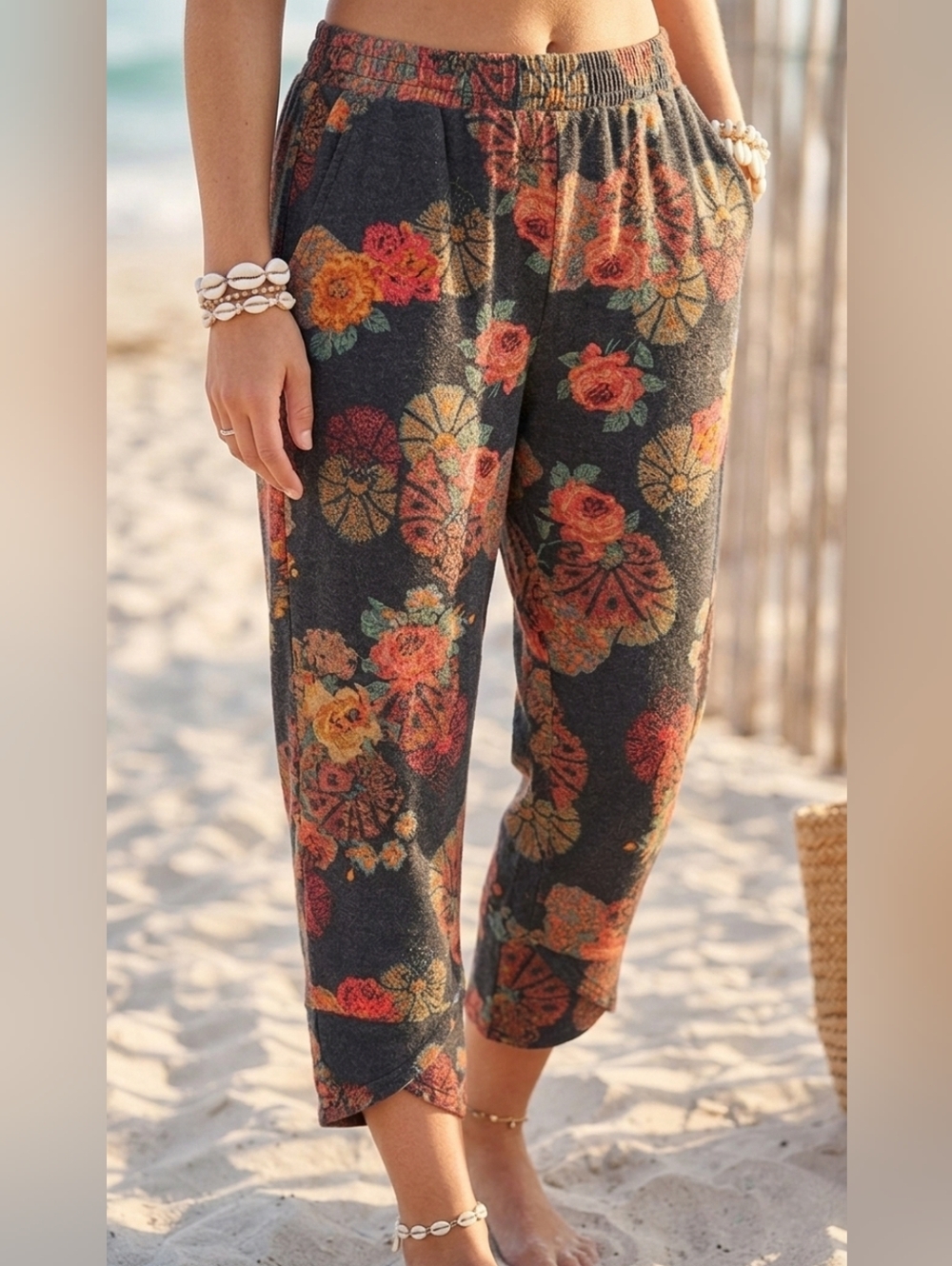 Urban Outfitters Boho Floral Tapestry Tulip Hem Pants XS Charcoal Orange Knit